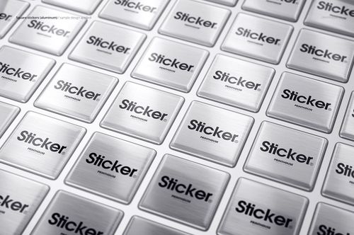 Grid of shiny metallic square stickers labeled 'Sticker', displayed in a realistic packaging mockup scene.