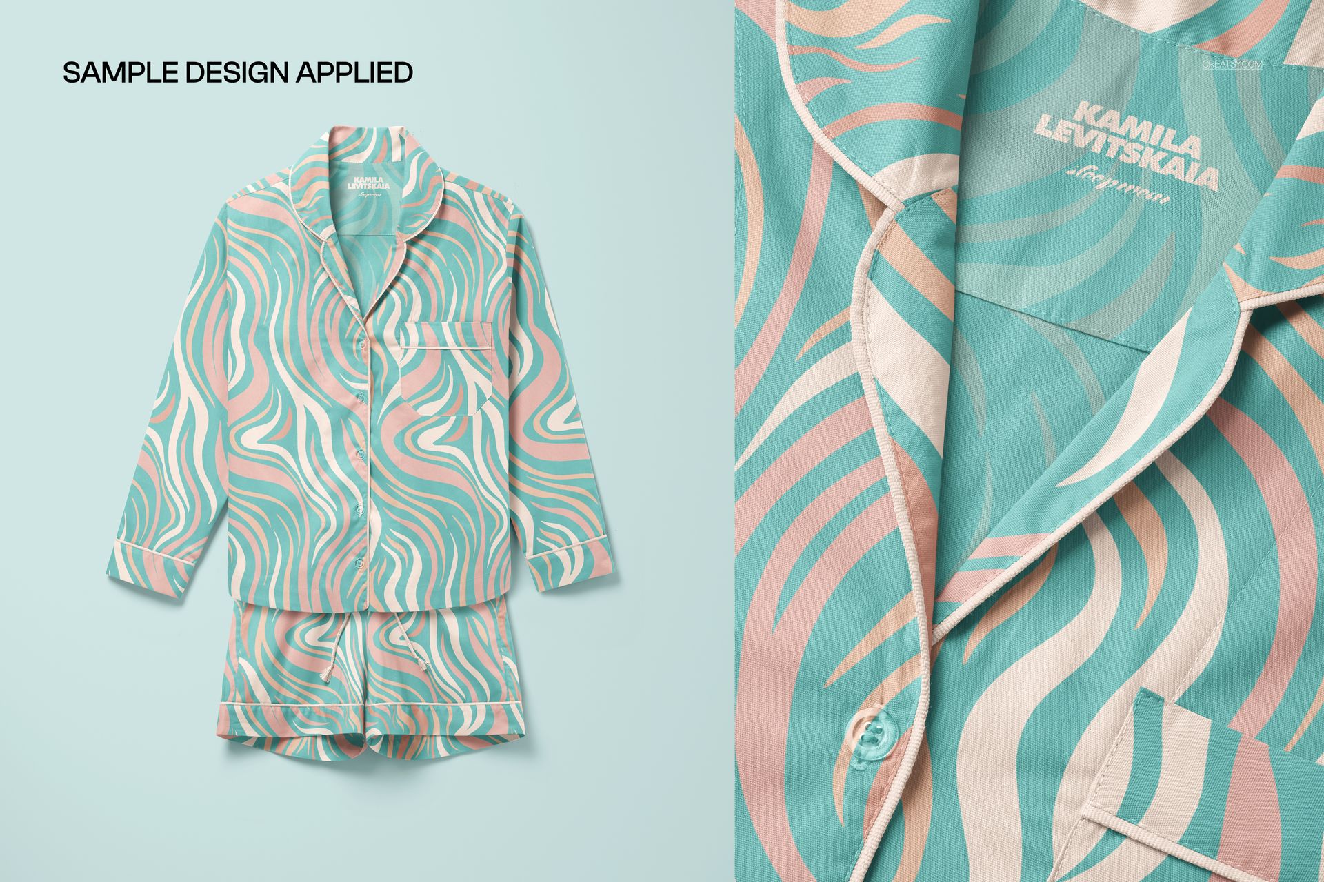 PSD mockup of a sleepwear set with long sleeves and shorts, decorated with swirling pastel patterns, close-up and full view.