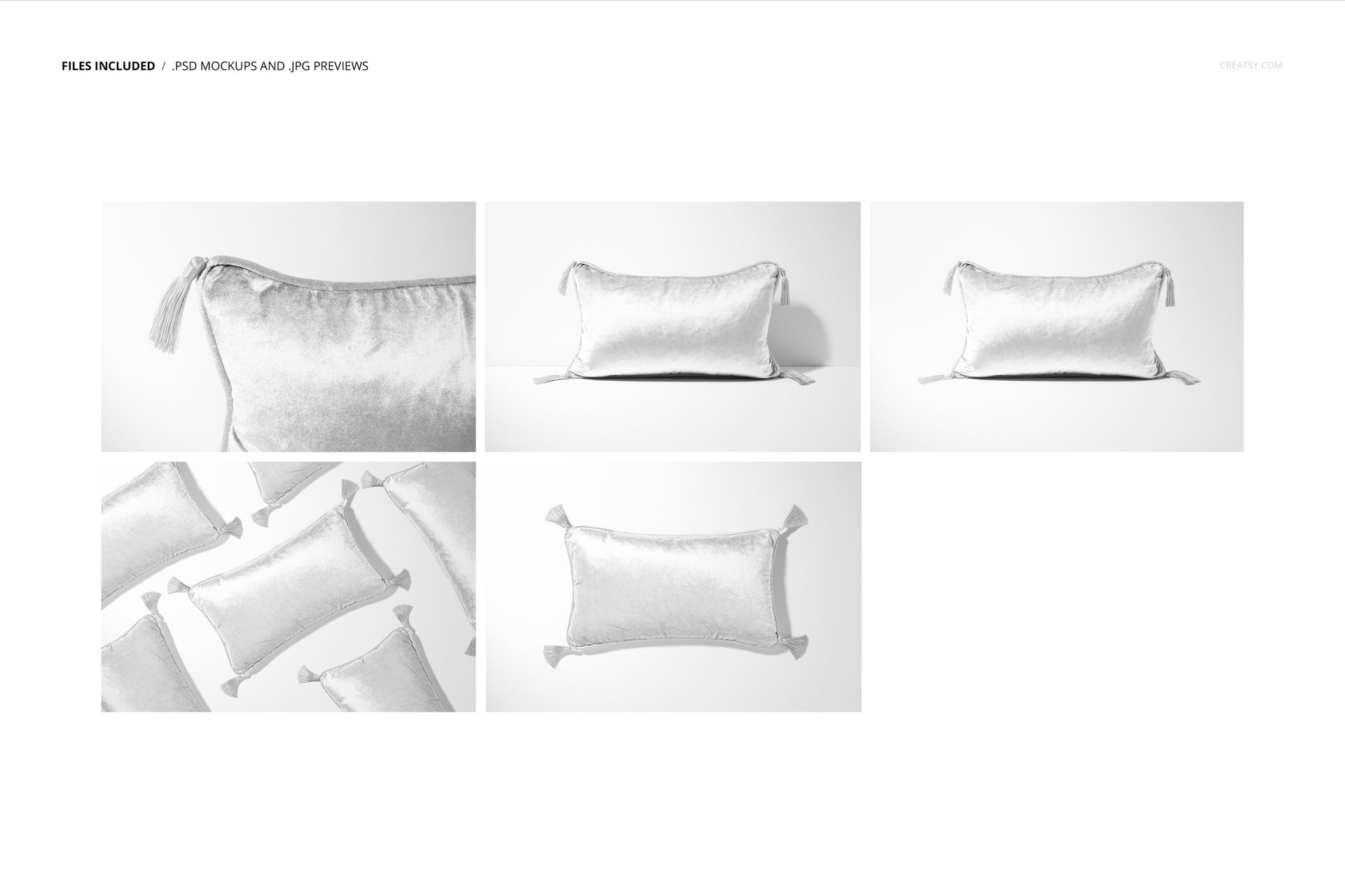 Velvet cushion mockup set featuring rectangular pillows with tassels, arranged in different positions against a white surface.