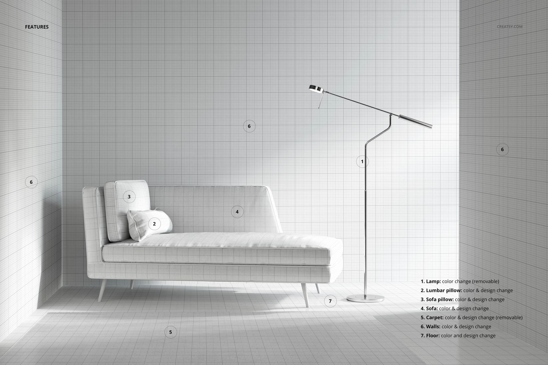 Chaise lounge sofa mockup in a minimalist interior scene with grid pattern, shown from a side angle with a floor lamp.