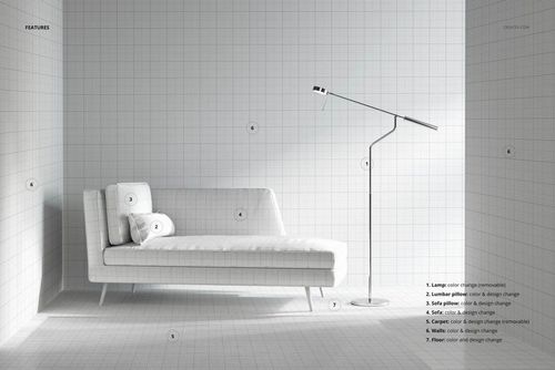Chaise lounge sofa mockup in a minimalist interior scene with grid pattern, shown from a side angle with a floor lamp.