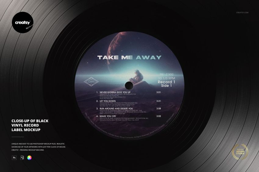 Black vinyl record mockup viewed from above, featuring a cosmic-themed label and visible concentric grooves.