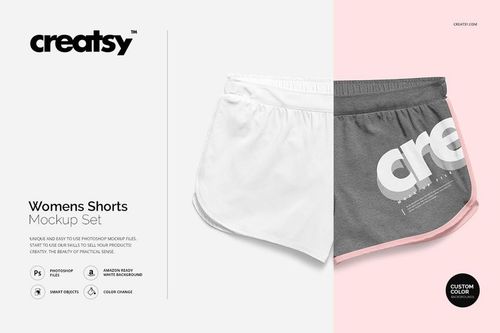 PSD mockup of women's shorts featuring a split design with one pair in white and the other in gray, shown from the front.