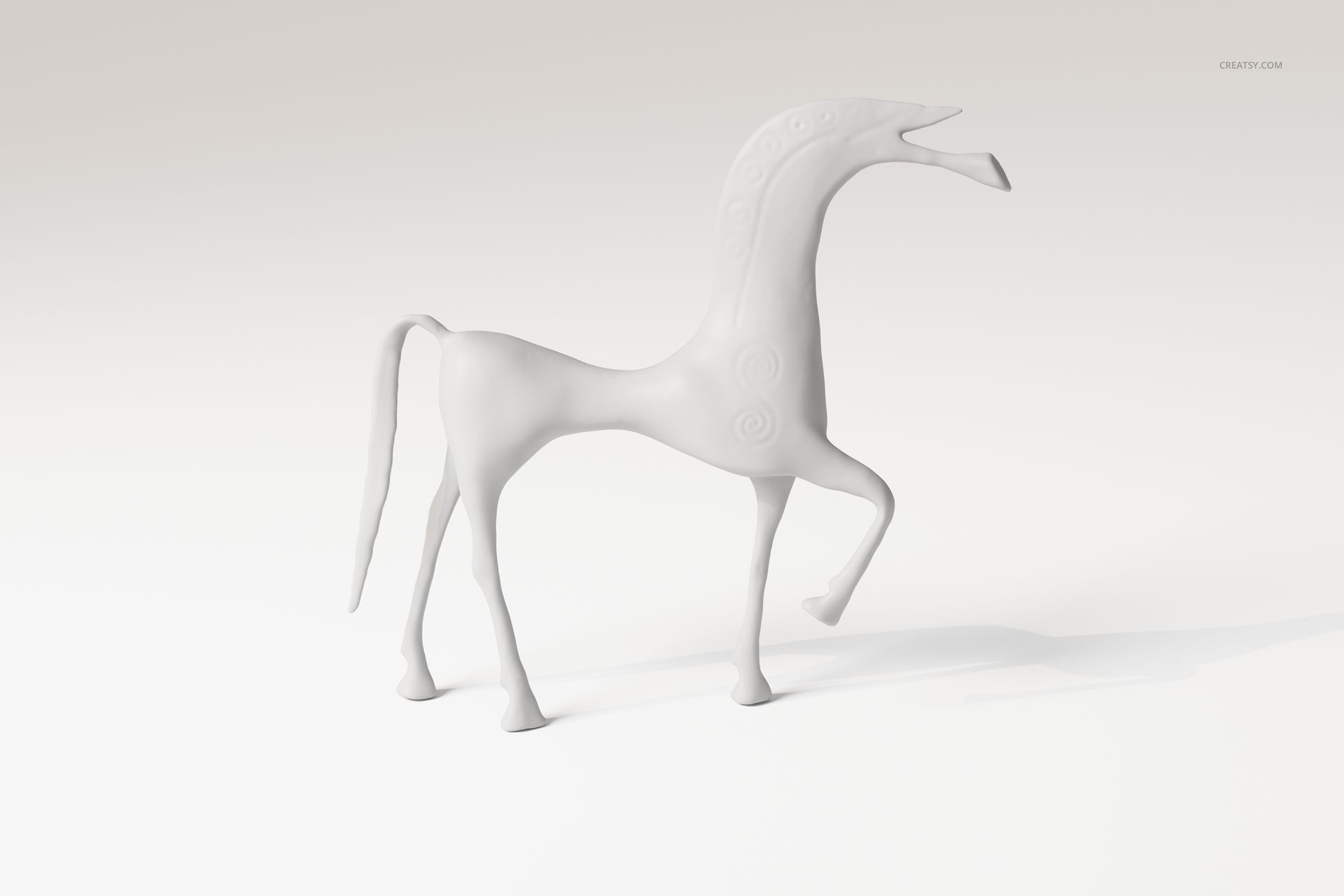Antique-style horse figurine in matte white, featuring abstract shapes and raised patterns, front side view.