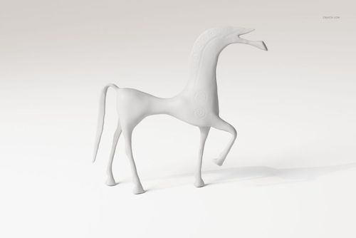 Antique-style horse figurine in matte white, featuring abstract shapes and raised patterns, front side view.