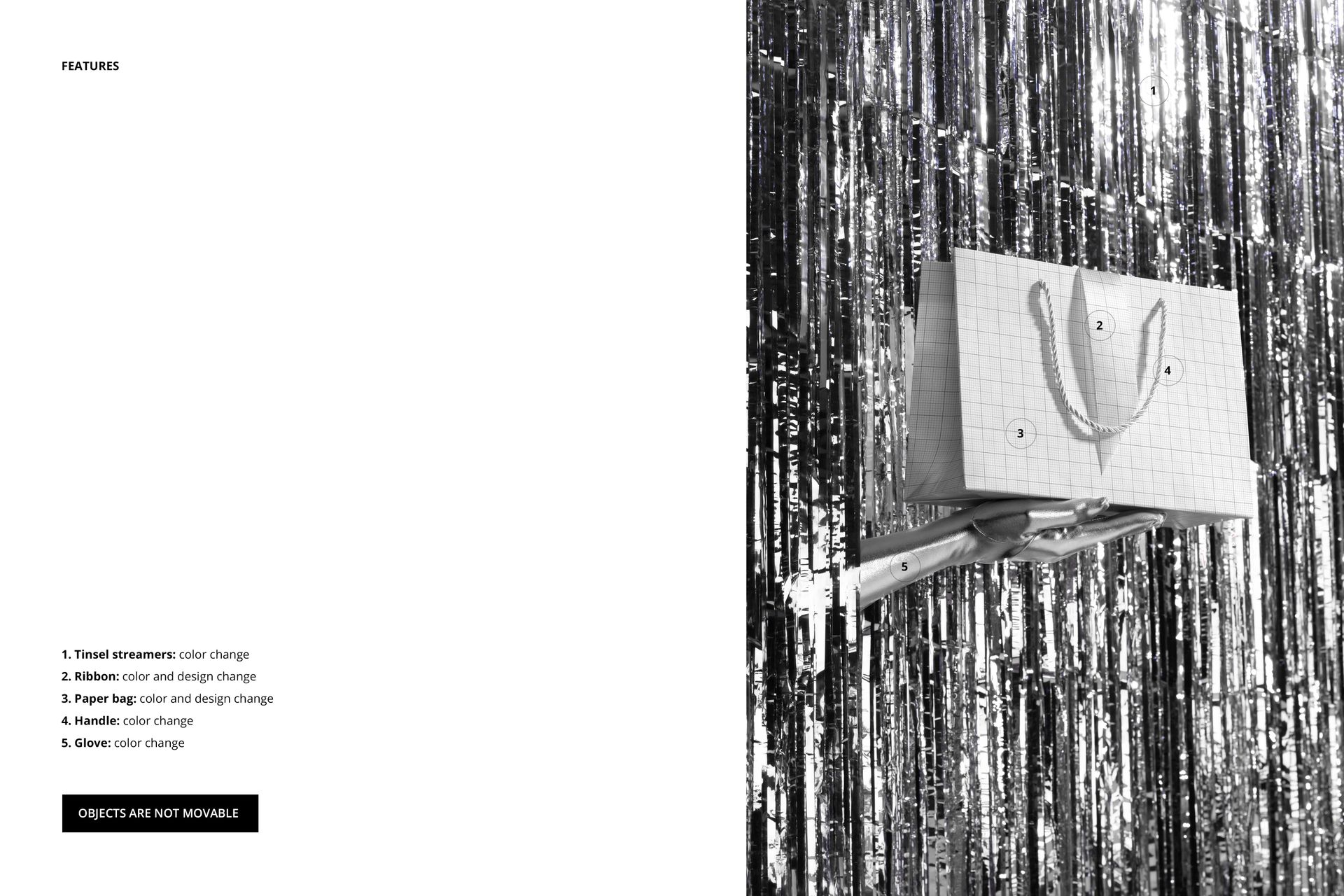 Front view of a gift paper bag held by a hand against a backdrop of silver tinsel streamers, PSD mockup scene.
