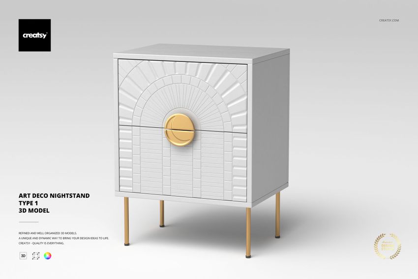 Front view of a white Art Deco nightstand with geometric textured doors and gold circular handle, set on gold legs.