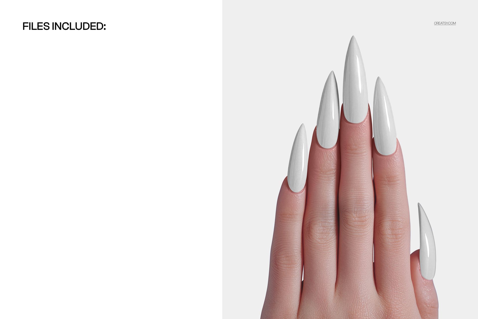 PSD mockup featuring a hand with pointed stiletto nails in glossy white, displayed from the front on a neutral backdrop.