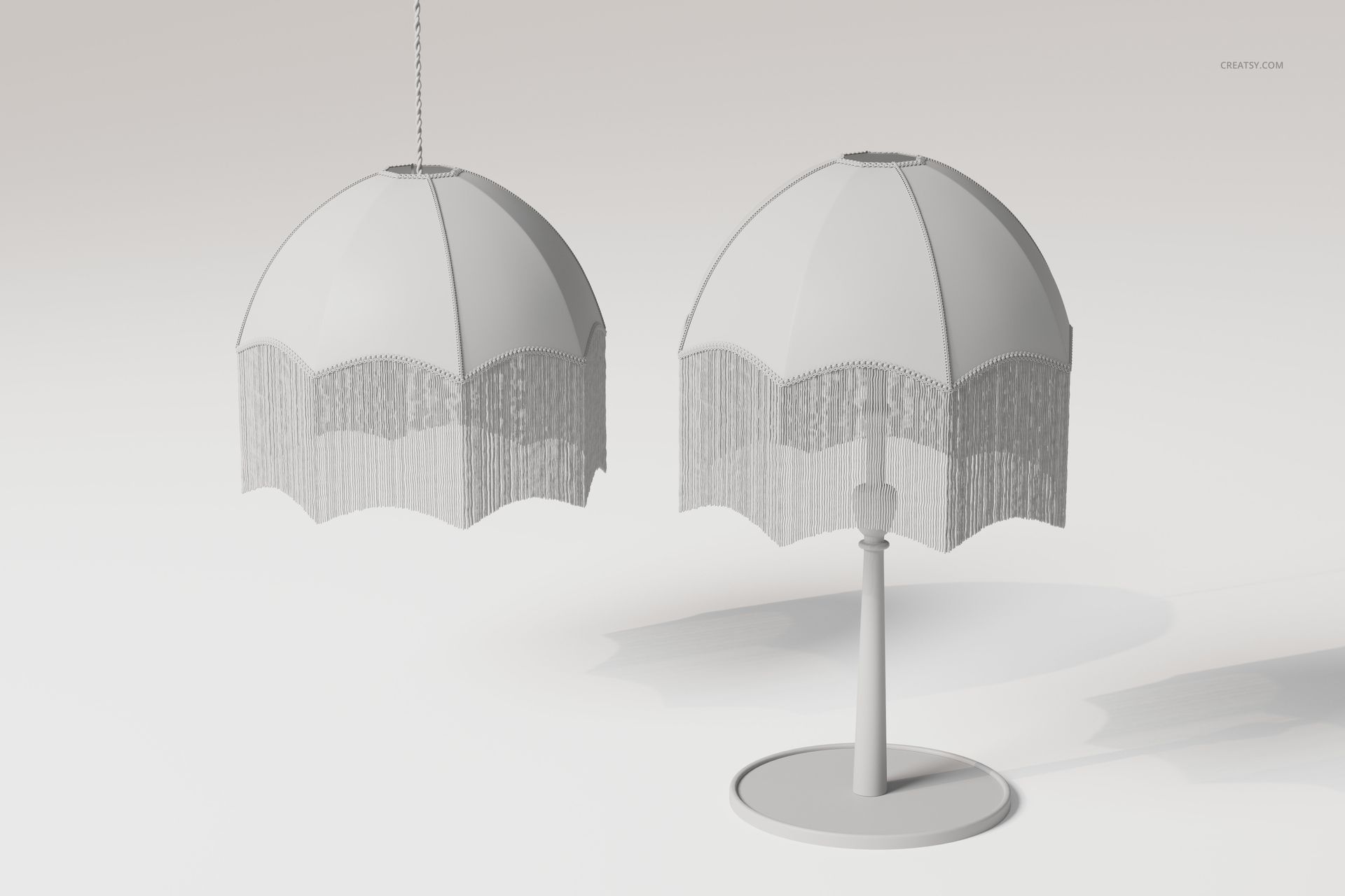 Front view of two art deco style boudoir lamps, one hanging and one on a stand, with scalloped fringed shades.