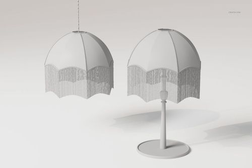 Front view of two art deco style boudoir lamps, one hanging and one on a stand, with scalloped fringed shades.