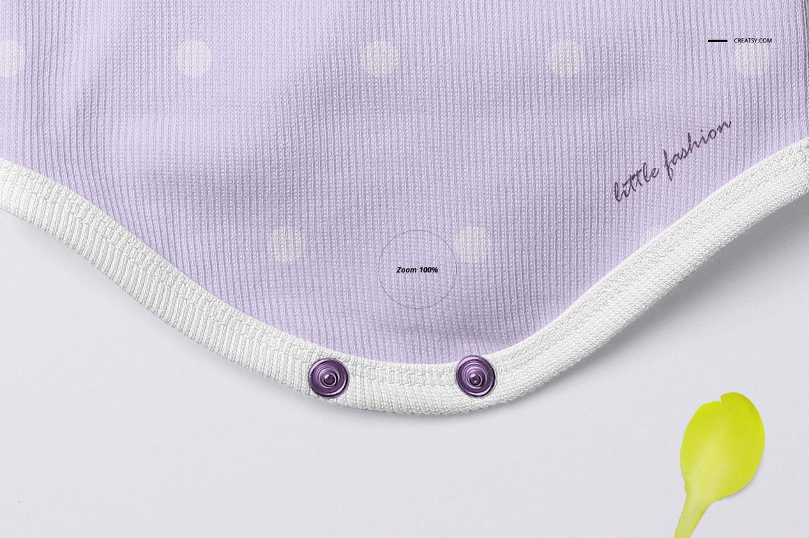 Close-up front view of a baby romper mockup with light purple fabric, white trim, polka dot pattern, and snap buttons.
