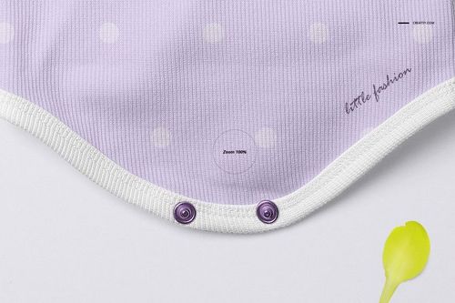 Close-up front view of a baby romper mockup with light purple fabric, white trim, polka dot pattern, and snap buttons.