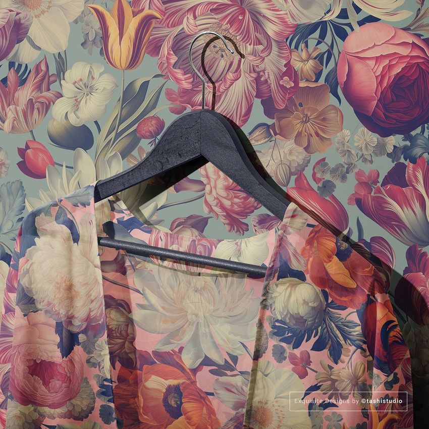 Chiffon kimono mockup on a hanger against a floral patterned wall, with the garment featuring a vivid botanical print.