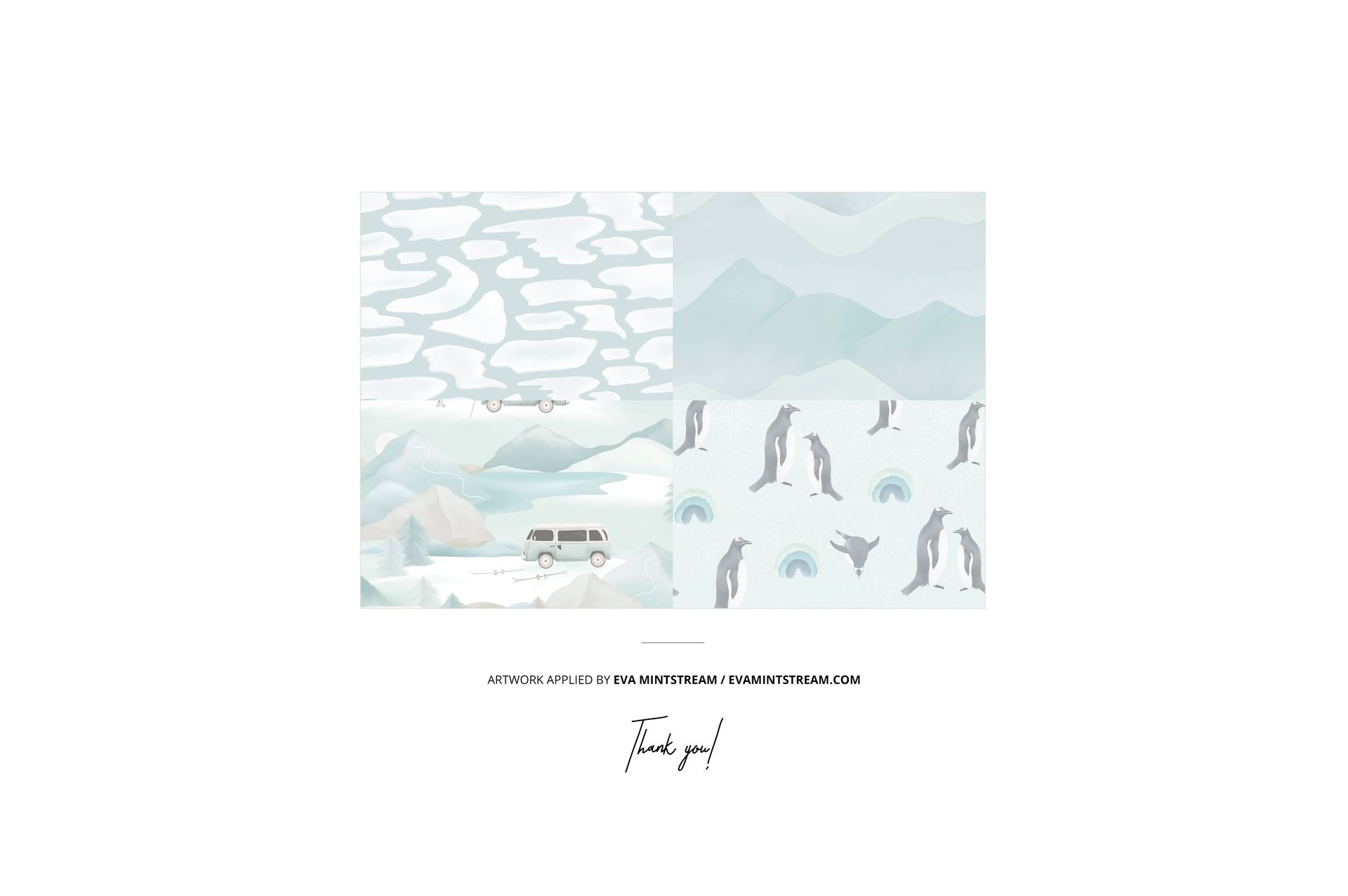 Four 30x40 fleece blanket mockups with soft pastel patterns, including clouds, mountains, penguins, and a van, shown front view.