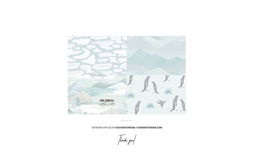 Four 30x40 fleece blanket mockups with soft pastel patterns, including clouds, mountains, penguins, and a van, shown front view.