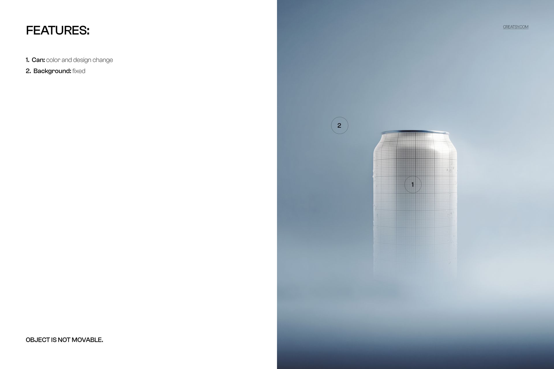Front view of a soda can mockup partially emerging from dense mist, with a grid pattern and soft blue background.