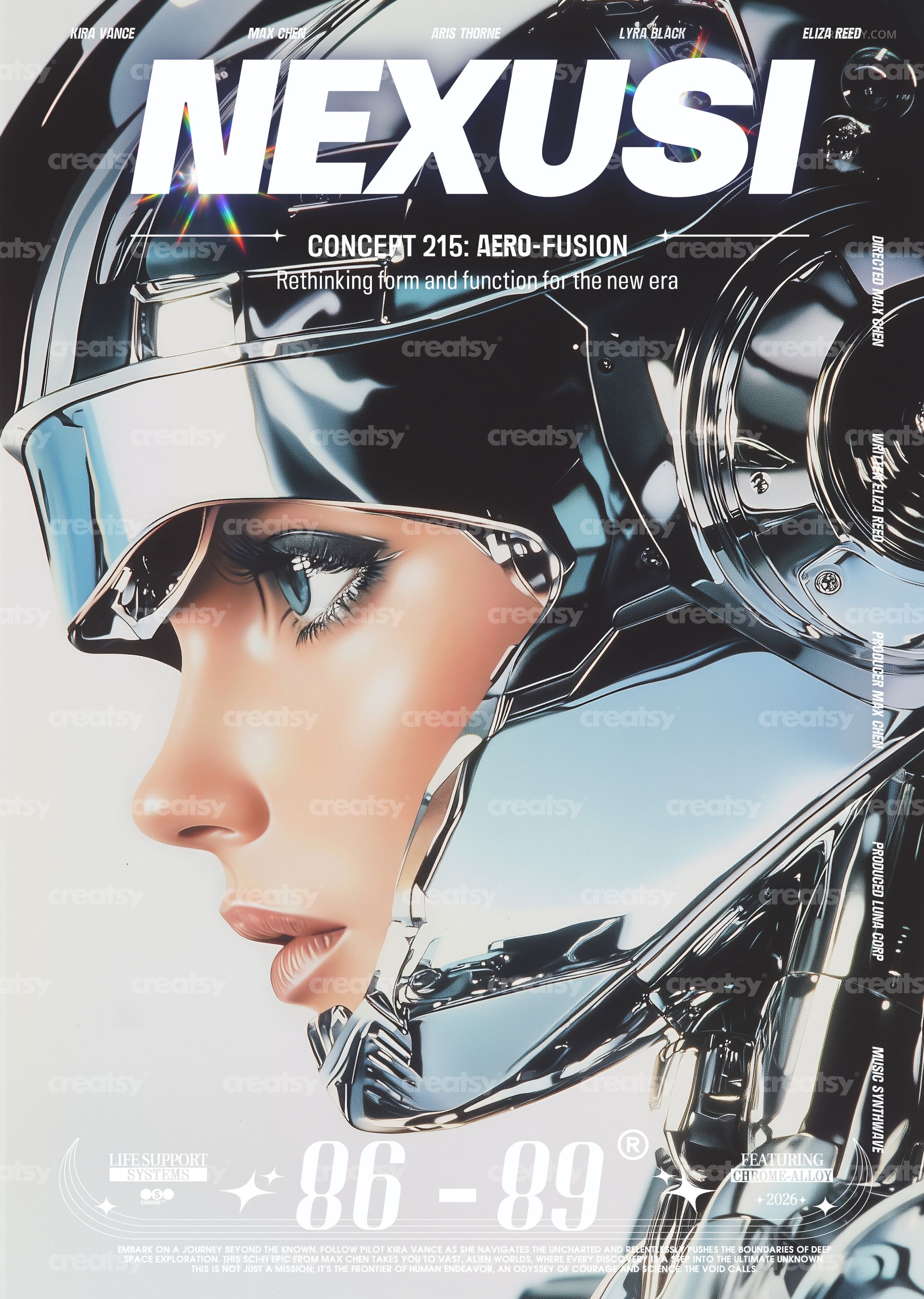 Front view of a metallic-themed poster mockup with chrome abstract shapes and a large central blank area.