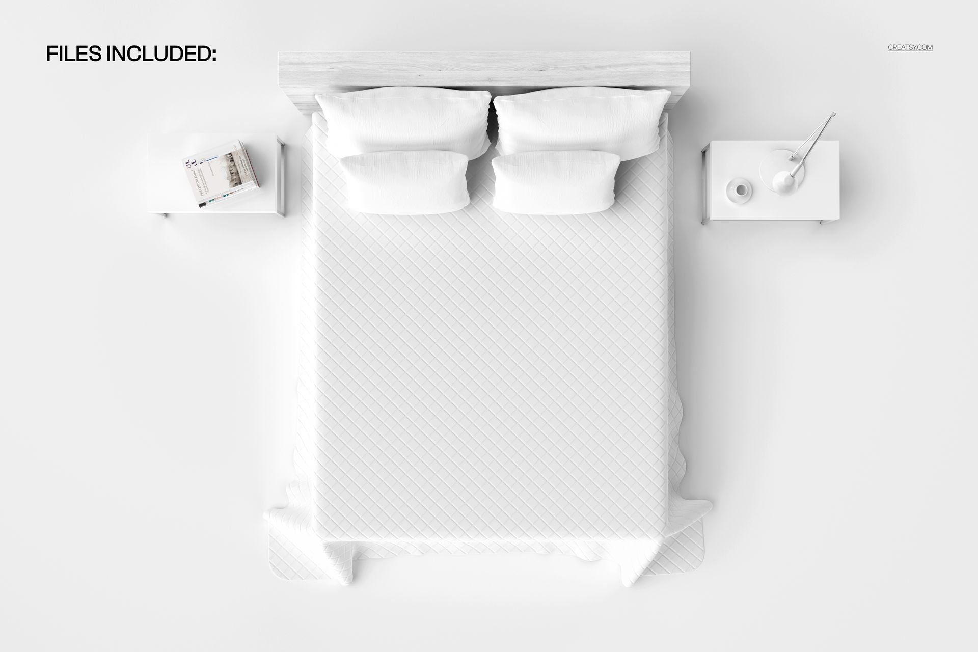 Quilted bed coverlet mockup shown from above, featuring a white bed with three pillows and matching side tables.