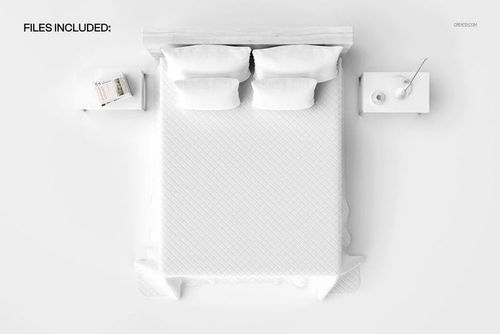 Quilted bed coverlet mockup shown from above, featuring a white bed with three pillows and matching side tables.