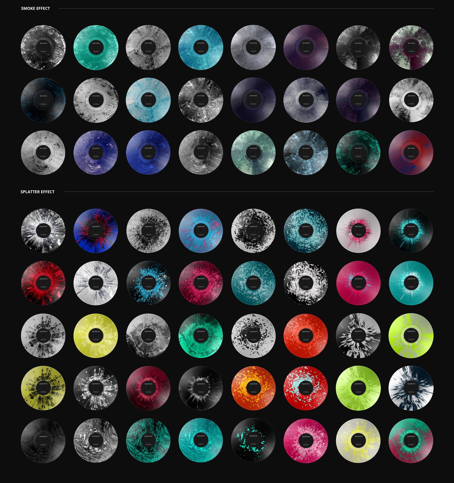 Collection of colored vinyl records with smoke and splatter effects, arranged in rows on a black background, top view.