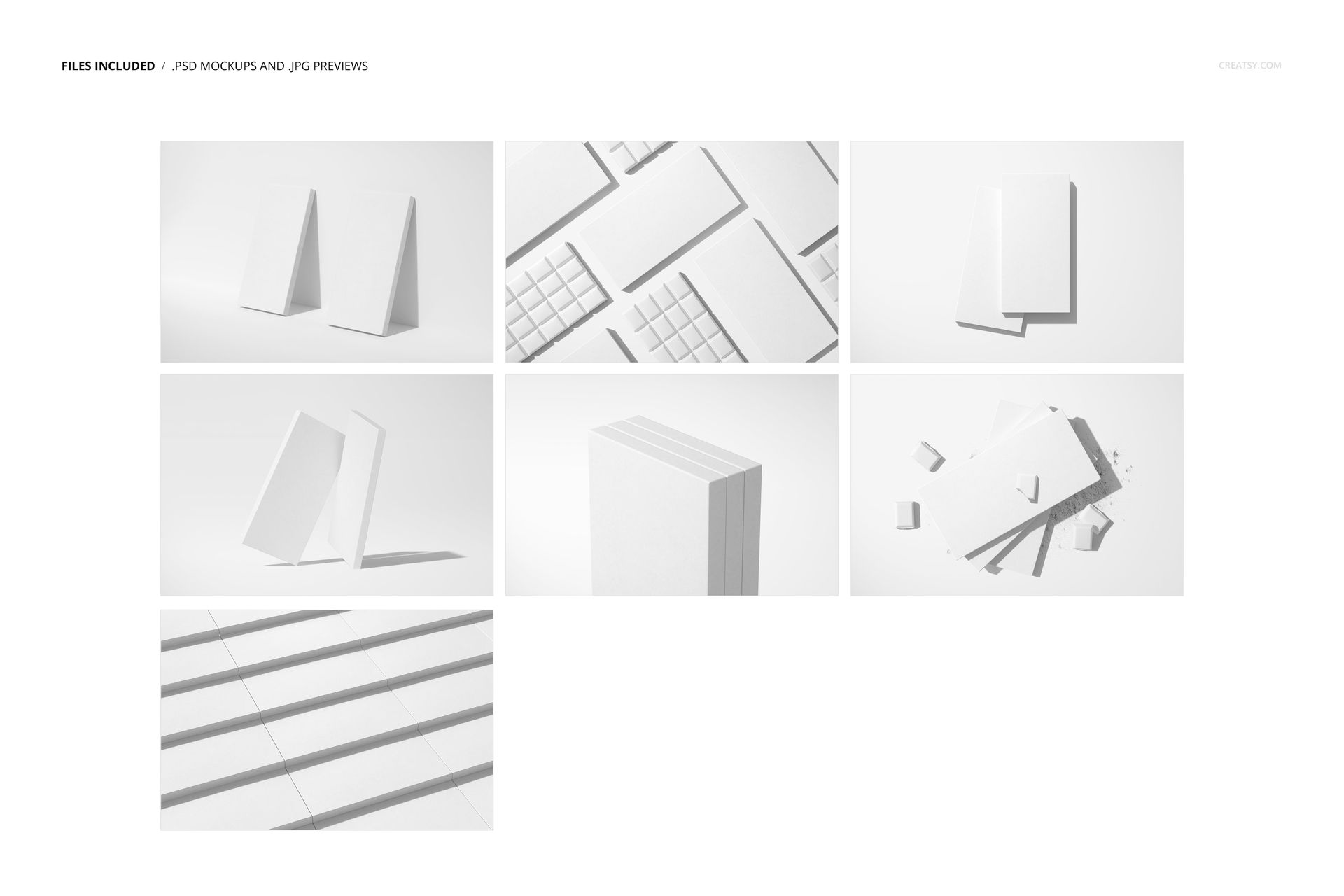 Set of chocolate bar packaging mockups displayed in various arrangements, featuring blank wrappers and chocolate cubes on a white background.