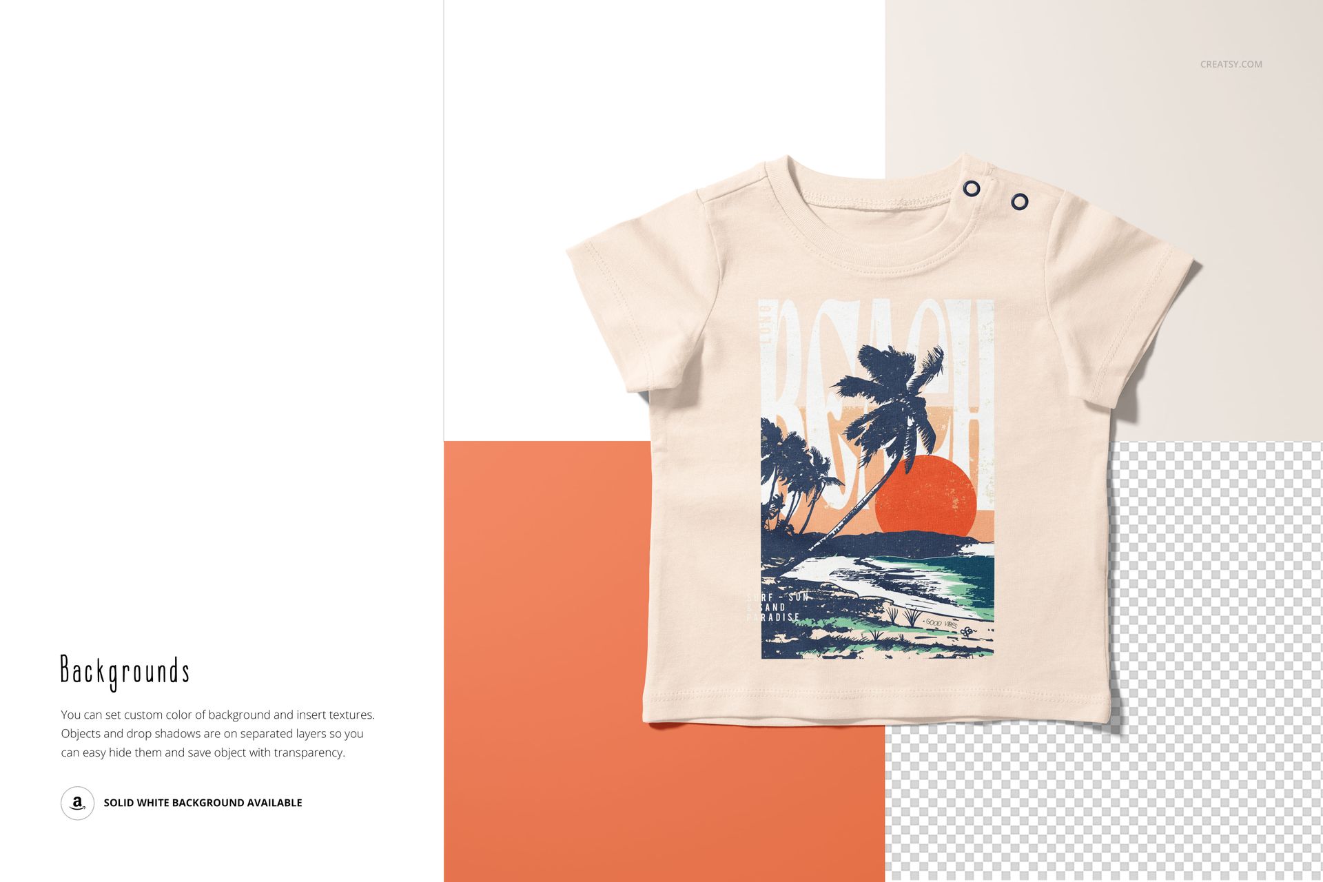 Infant T-shirt mockup featuring a short-sleeve beige shirt with a tropical sunset graphic, shown from the front.