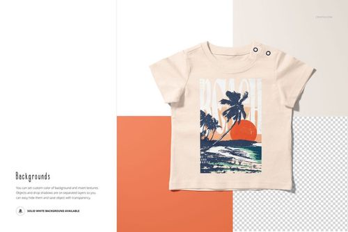 Infant T-shirt mockup featuring a short-sleeve beige shirt with a tropical sunset graphic, shown from the front.