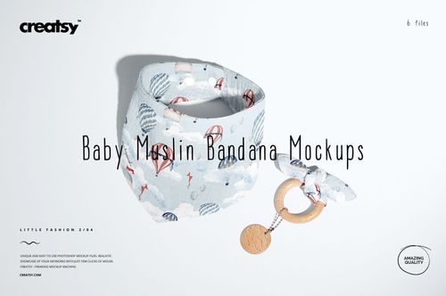 Front view of a baby muslin bandana mockup set with matching teething ring, decorated in pastel blue and white tones.