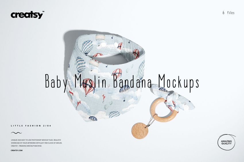 Front view of a baby muslin bandana mockup set with matching teething ring, decorated in pastel blue and white tones.