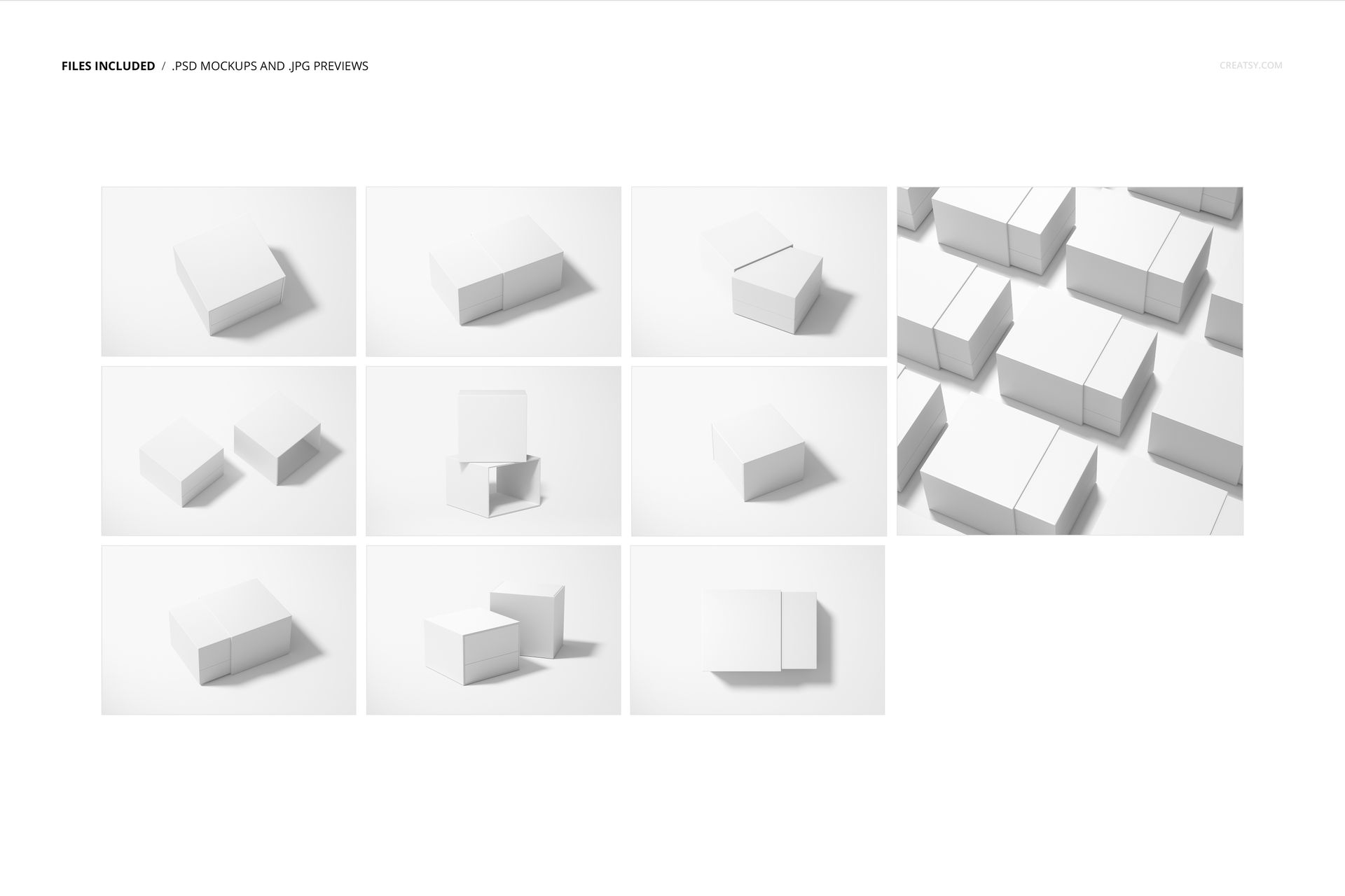 Collection of slide gift box PSD mockups shown in top and side views, highlighting simple white packaging design.