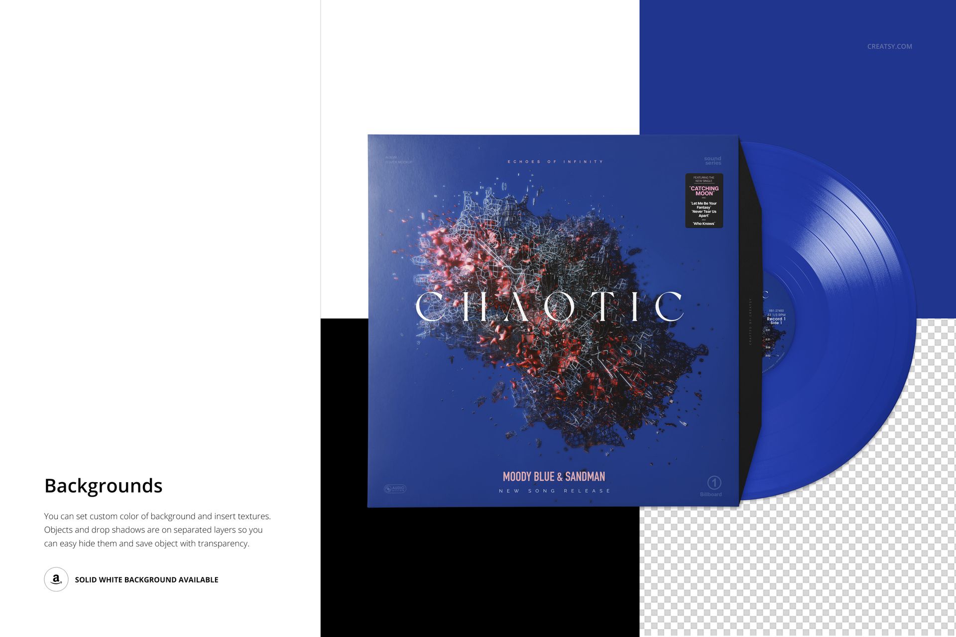 PSD mockup displaying a colored vinyl record and cover with splattered art, viewed from the top on a segmented background.