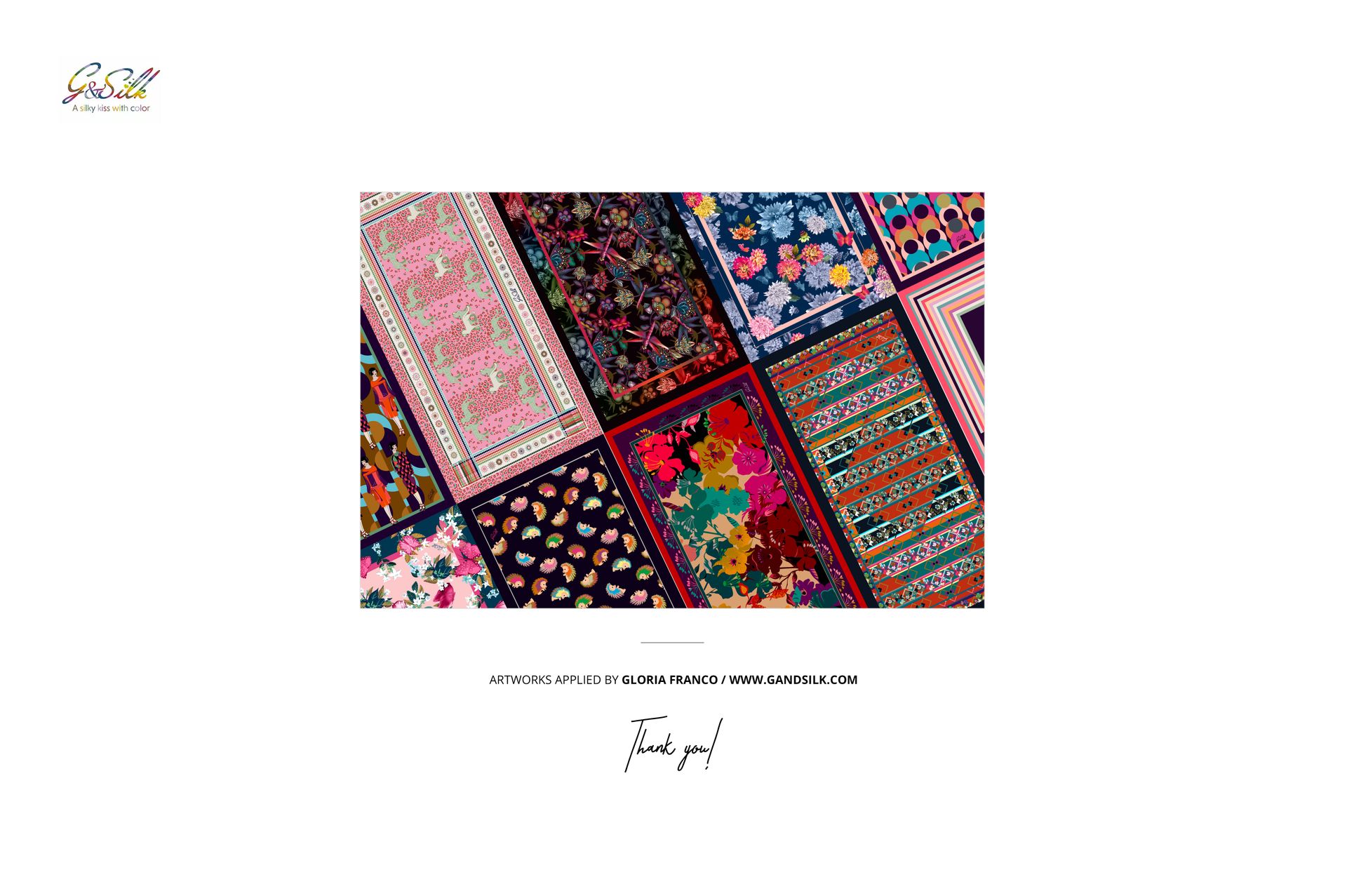 Front view of patterned silk scarves mockup showing diverse motifs and rich colors on a white background.