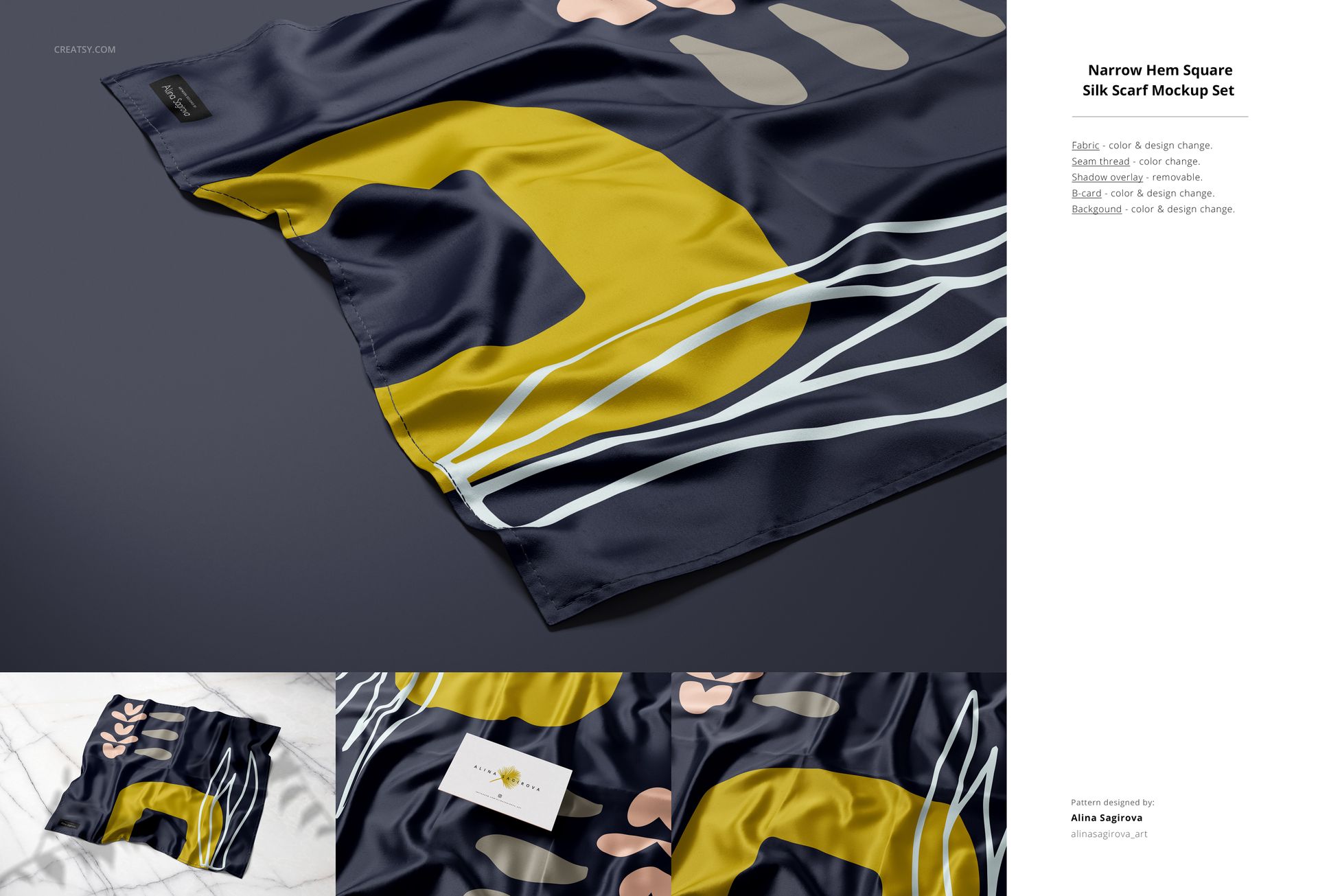 Silk fabric mockup featuring a navy blue base with bold yellow and beige abstract shapes, shown from a top view.