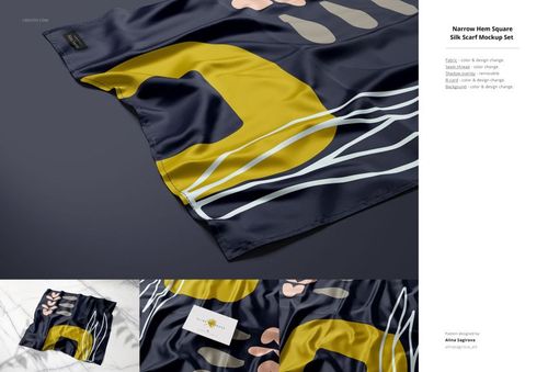 Silk fabric mockup featuring a navy blue base with bold yellow and beige abstract shapes, shown from a top view.