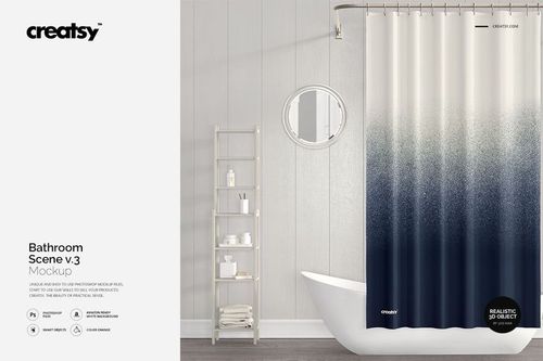 Bathroom mockup featuring a blue and white ombre shower curtain, white bathtub, ladder shelf, and circular mirror.