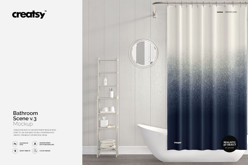 Bathroom mockup featuring a blue and white ombre shower curtain, white bathtub, ladder shelf, and circular mirror.