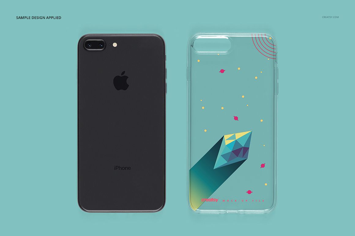 iPhone 8 Plus clear case mockup showing a colorful geometric pattern next to a plain black iPhone on a teal surface.