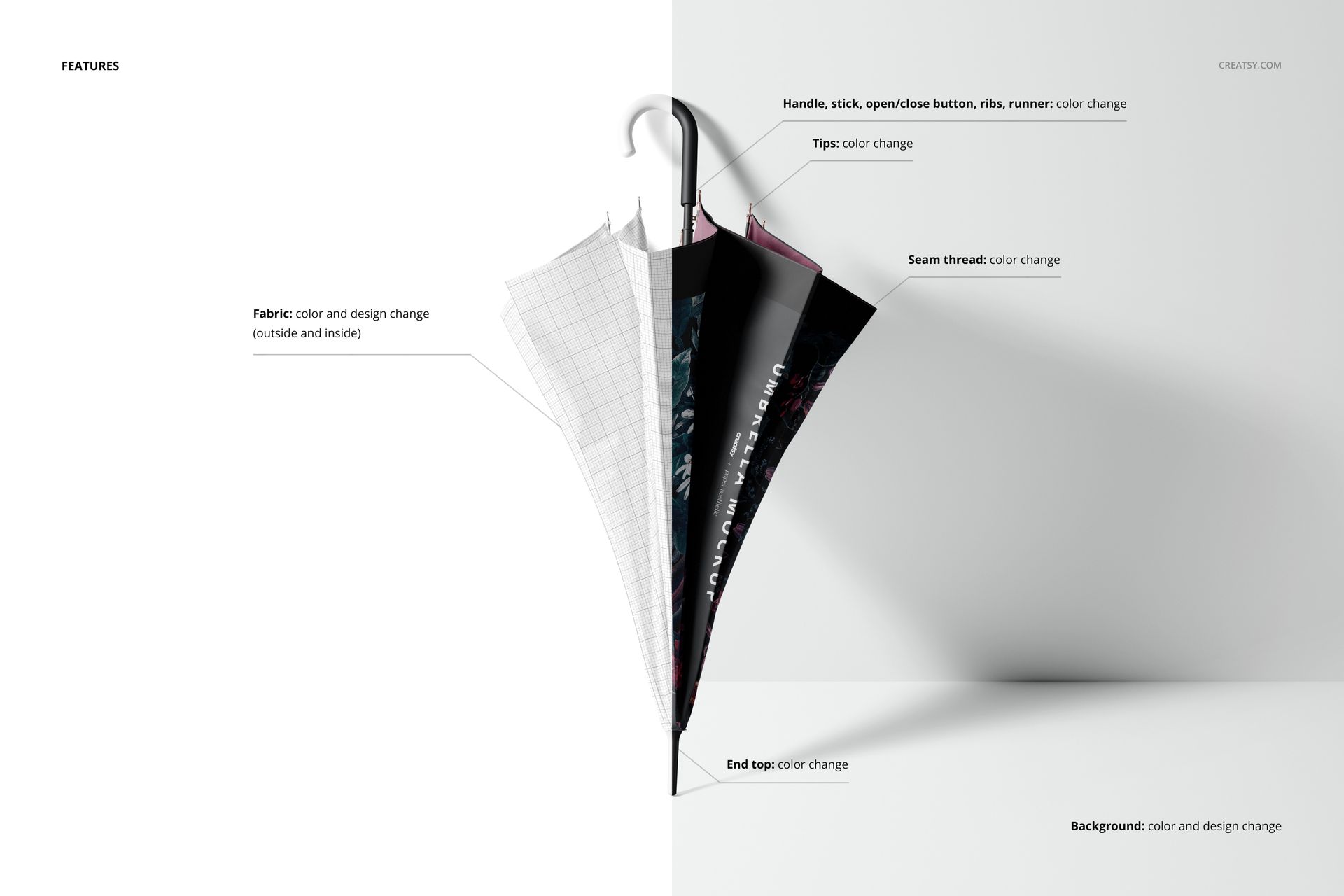 Front view of an umbrella mockup set showing an open umbrella with segmented panels, each featuring different colors and design options.