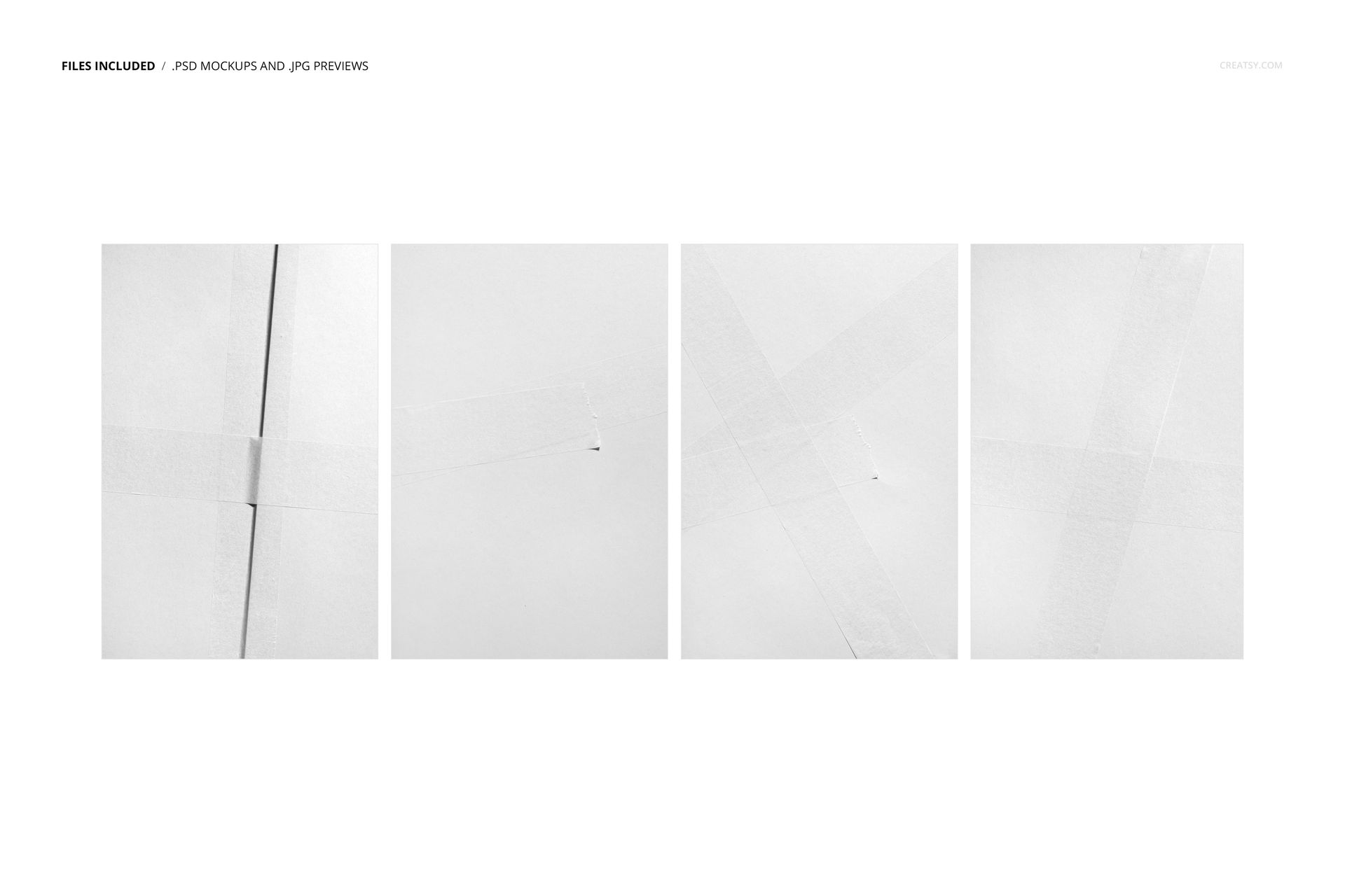 Four paper packaging tape mockup variations displayed on a plain white background with subtle shadows.