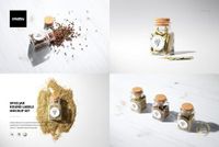 Four scenes featuring round spice jar labels mockup, glass jars with cork lids, viewed on a light wooden surface.