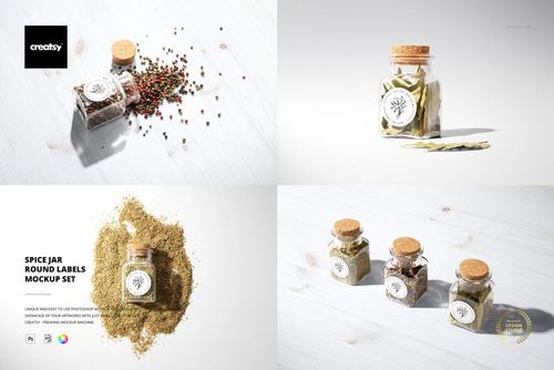 Four scenes featuring round spice jar labels mockup, glass jars with cork lids, viewed on a light wooden surface.