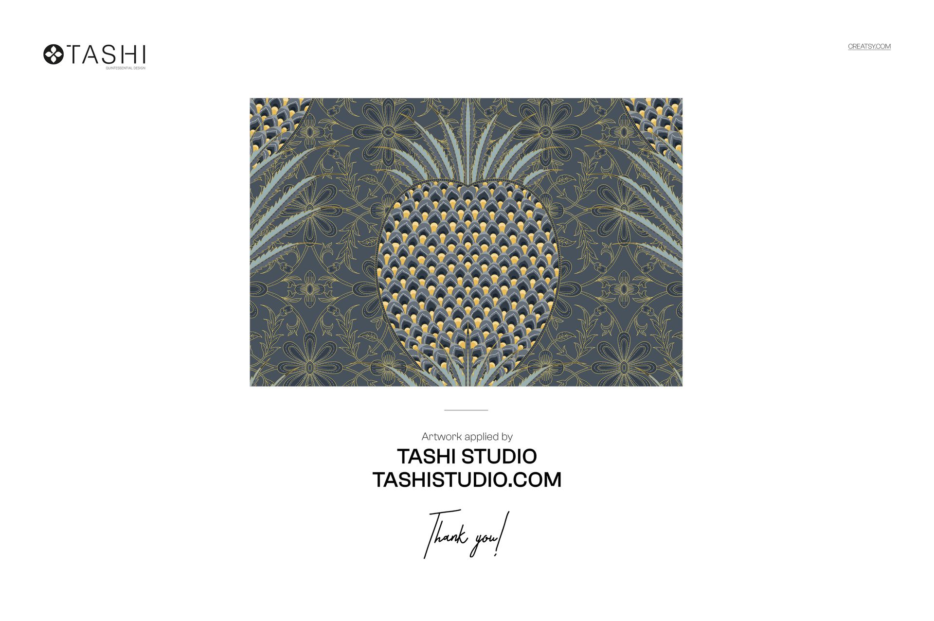 Front view of a duvet cover and pillows mockup featuring an ornate, symmetrical pattern in dark blue and gold tones.