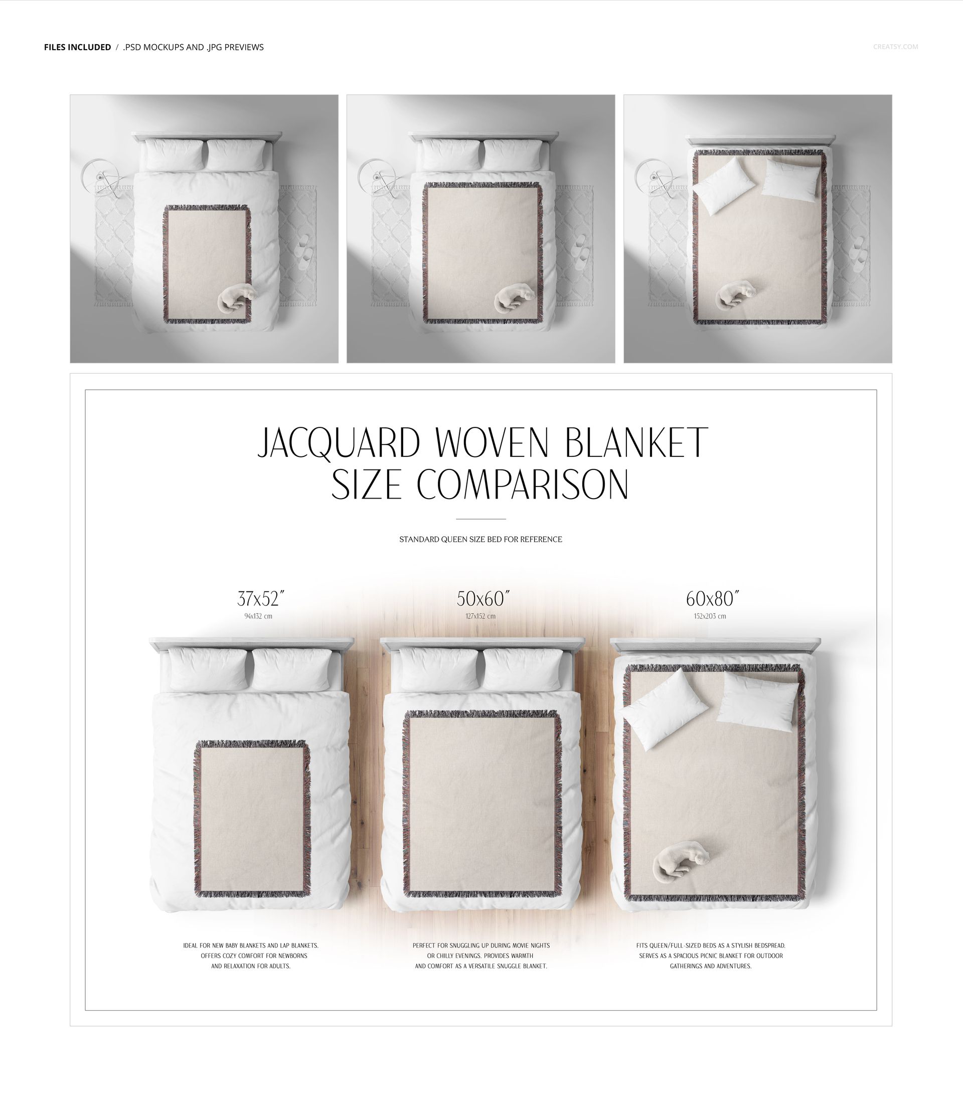 Jacquard Woven Blanket and Bedding Boho Scene & Size Comparison Mockup Set - mockup screenshot 2