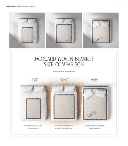 Jacquard woven blanket mockup showing three different sizes on beds in a boho-inspired bedroom scene, top view.