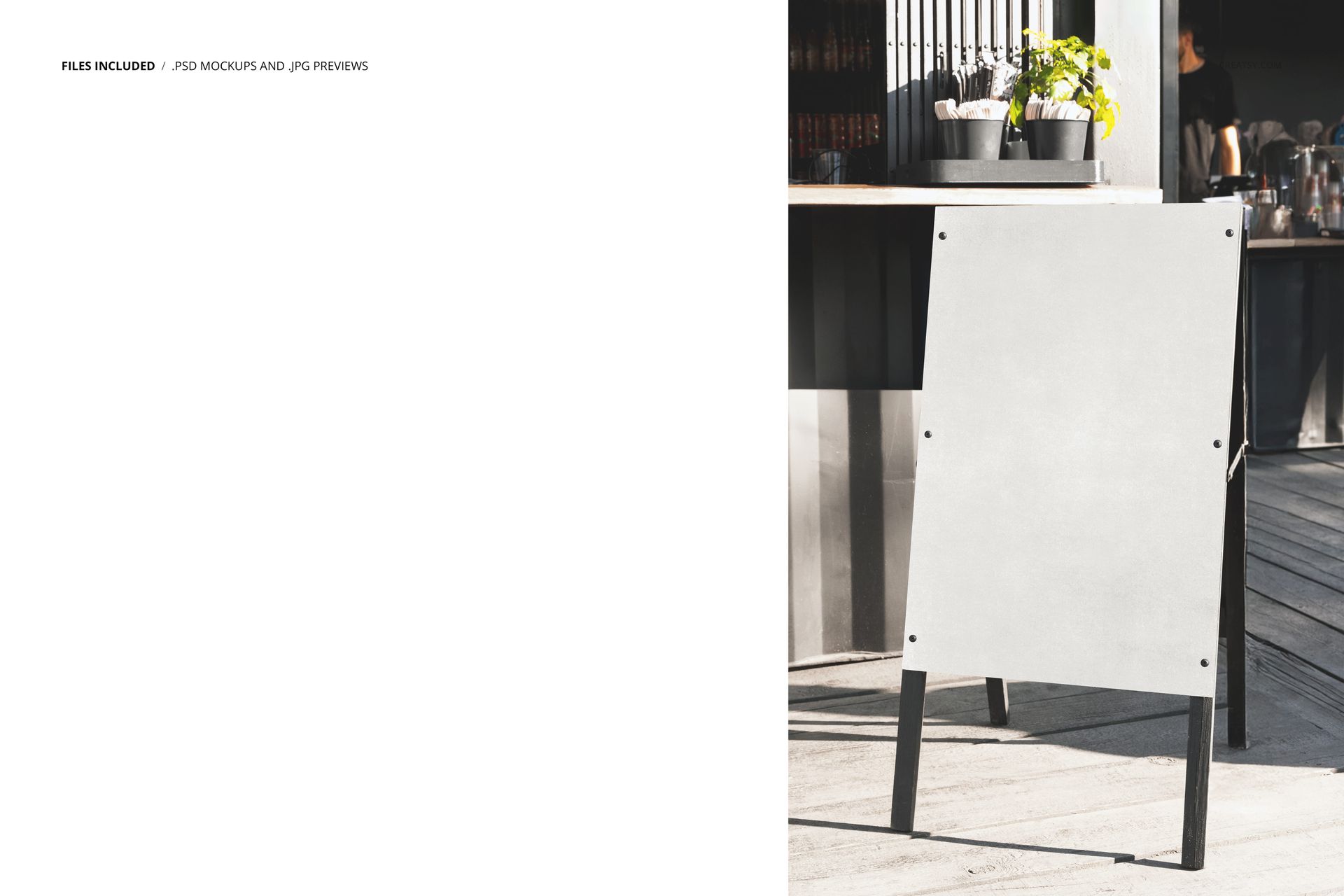 Blank A-frame advertising stand mockup with white panel and black legs, positioned outdoors near a cafe setting.