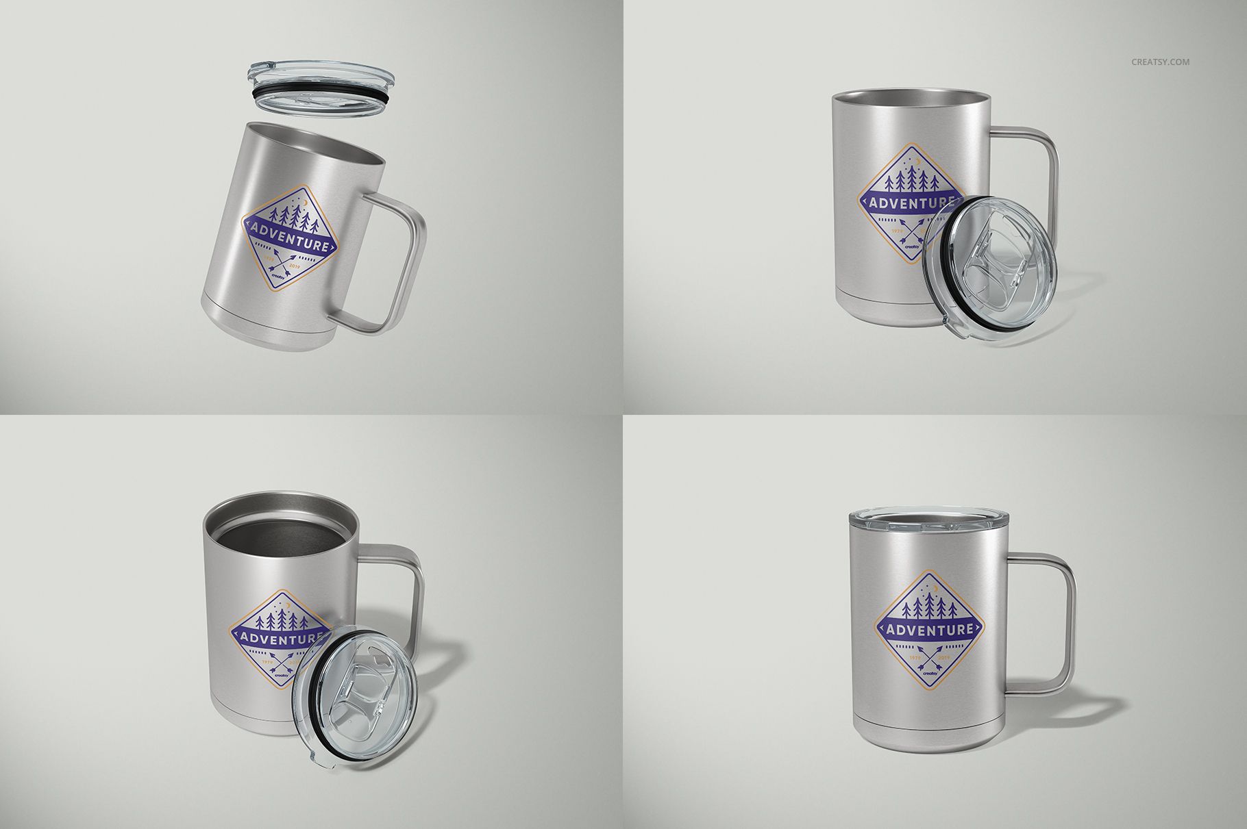 Four silver camp coffee mugs with transparent lids, each featuring a geometric blue adventure logo, shown on a light background.
