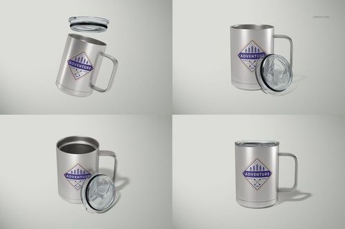 Four silver camp coffee mugs with transparent lids, each featuring a geometric blue adventure logo, shown on a light background.