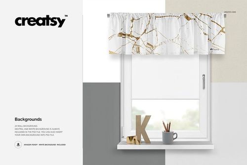 Valance mockup featuring a white curtain with gold streaks, mounted above a window in a modern room setting.