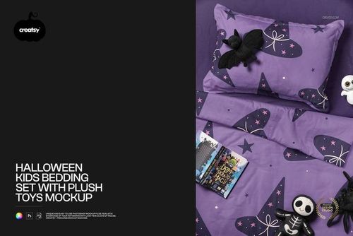 Children’s bedding set mockup featuring purple duvet and pillow with Halloween motifs, shown with plush bat and skeleton toys.