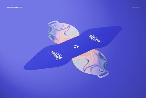 Curved cake box mockup displayed flat with blue and pastel swirl design, shown from a top view on a purple background.